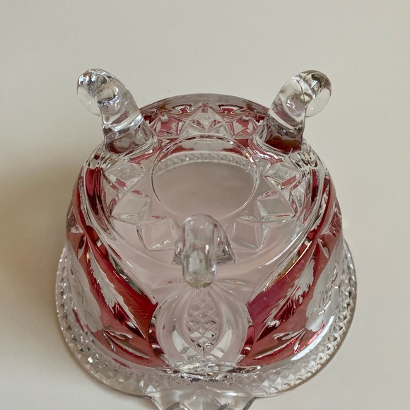 Vintage Floral Ruby Red Crystal 3 Footed  Hand Cut Candy Dish - Picture 4 of 6